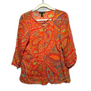 Ralph Lauren Jeans Company Blouse Women's Medium Orange Pink Paisley Tunic Top